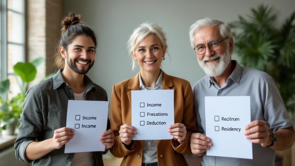 Three smiling people holding tax-related signs such as Income, Deductions, and Residency