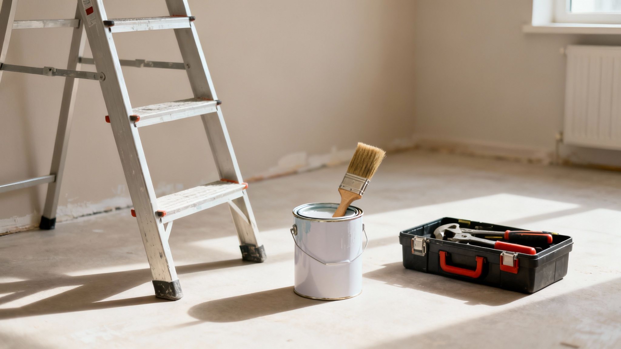 A stepladder, paint can with a brush, and toolbox sit on a concrete floor during home renovation.