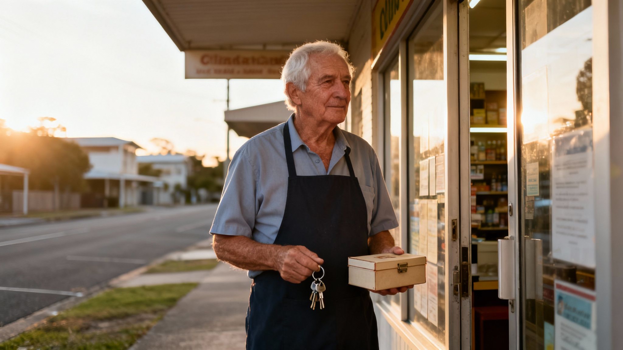 해질녘 앞치마를 두른 노인이 열쇠와 작은 상자를 들고 가게 앞에 서 있다.