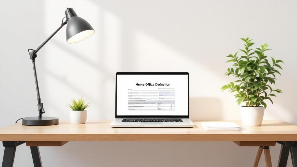 Modern home office setup with laptop displaying 'Home Office Deduction' form, desk lamp, and indoor plants