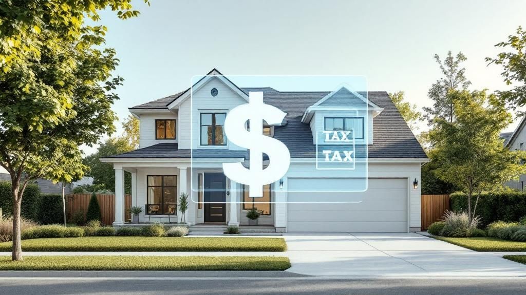 Modern suburban house with a dollar sign and tax icon overlay, representing property tax benefits