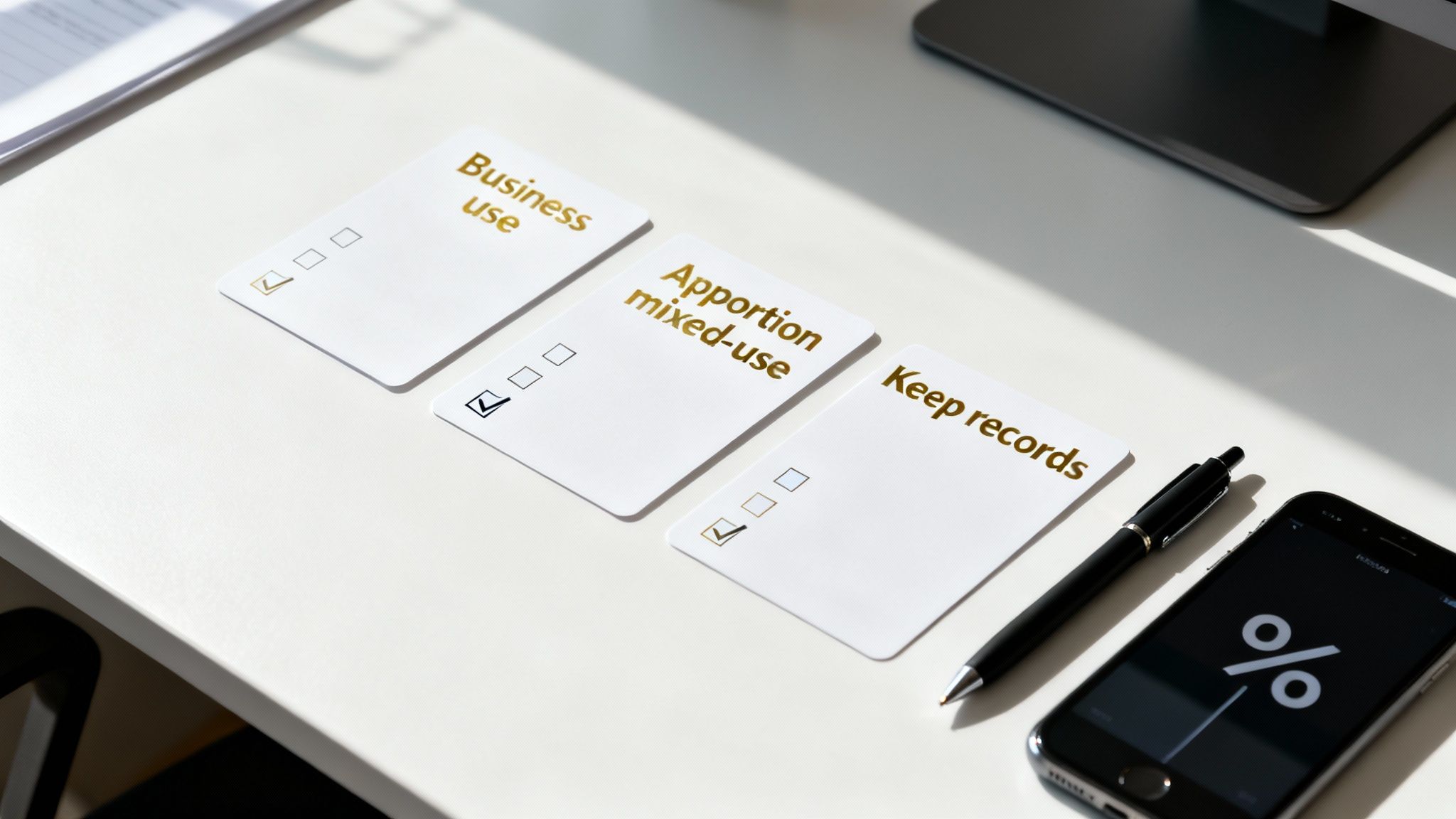 Three white cards on a desk with tax deduction concepts, a pen, and a phone calculator.