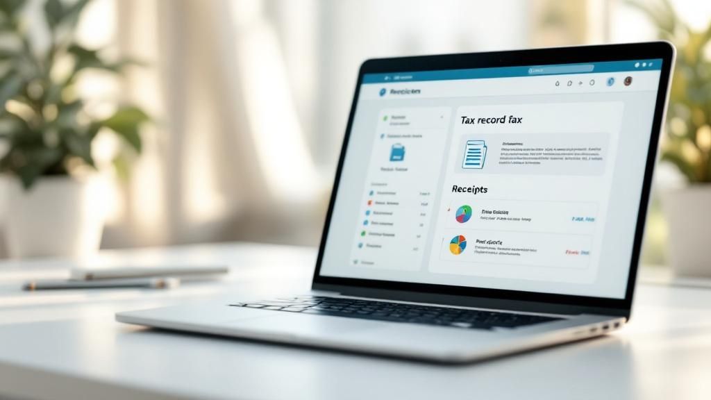 Close-up of a laptop displaying a digital tax record management system with receipt tracking and file upload features, symbolising digital document storage for Australian tax compliance.