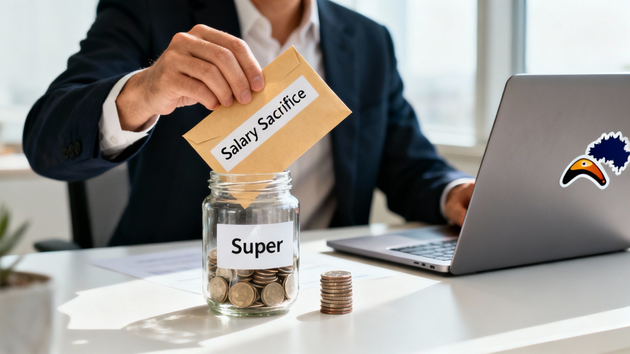 A person's hand puts a 'Salary Sacrifice' envelope into a 'Super' jar of coins on a desk with a laptop.