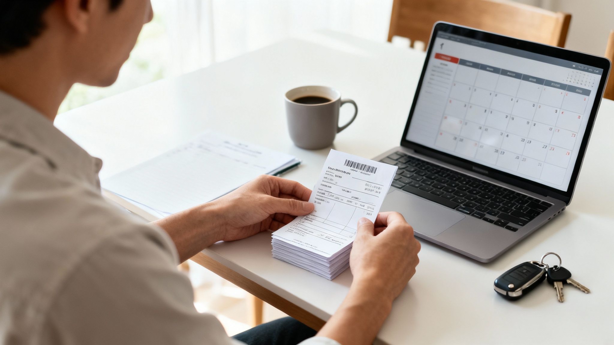 책상에 앉아 영수증 뭉치를 들고 노트북으로 캘린더를 확인하며 재정 계획을 세우는 남성