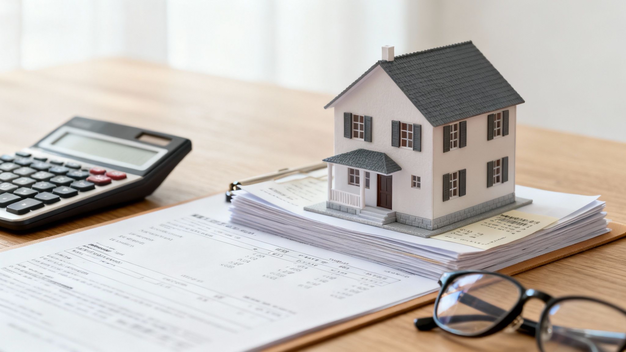 A small model house sits on financial documents next to a calculator and glasses on a wooden table.