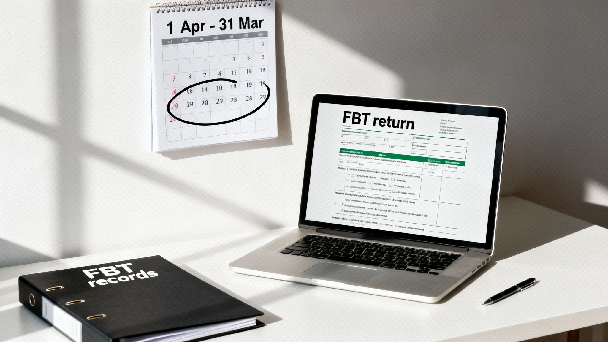 A desk with a calendar showing a circled date, a laptop displaying an FBT return form, and an FBT records binder.