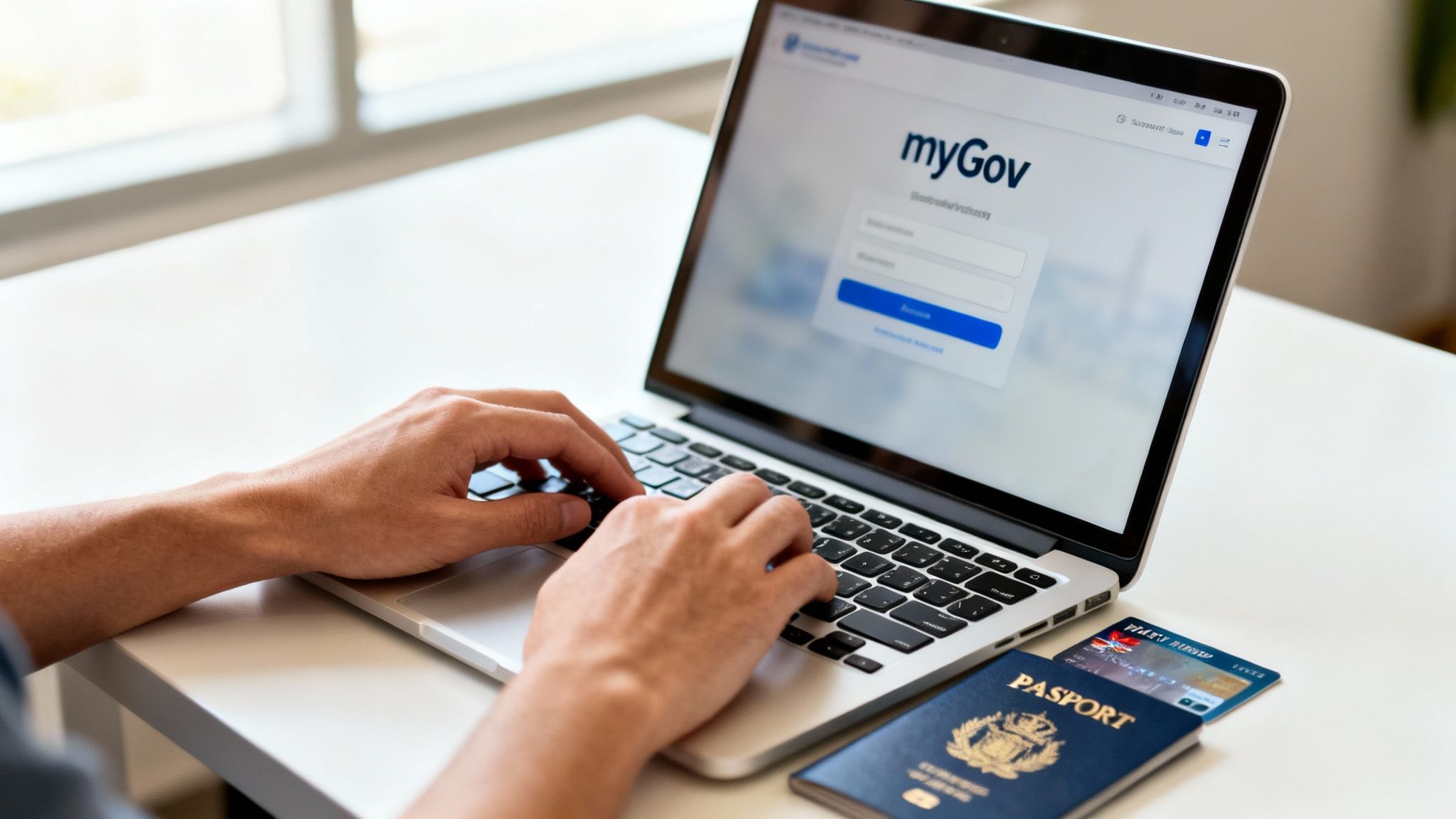 myGov 웹사이트에 로그인하기 위해 노트북을 사용하는 사람의 손, 옆에는 여권과 신용카드가 놓여 있습니다.