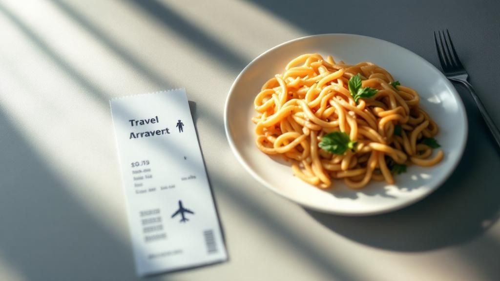 Plate of pasta beside a travel receipt on a dining table, symbolising business meal and travel expenses