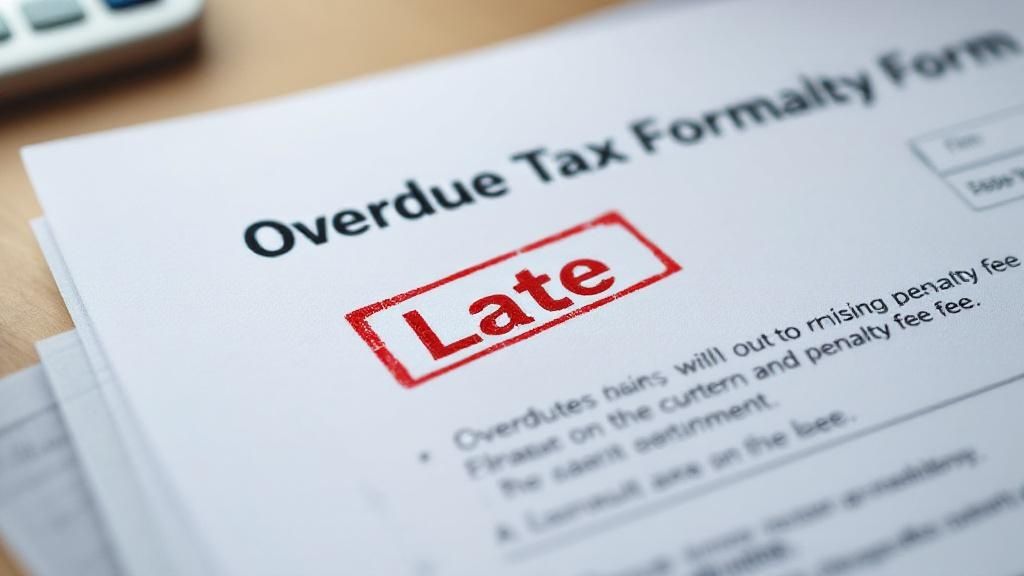 Close-up of a tax document stamped 'Late' in red, indicating overdue tax lodgement.