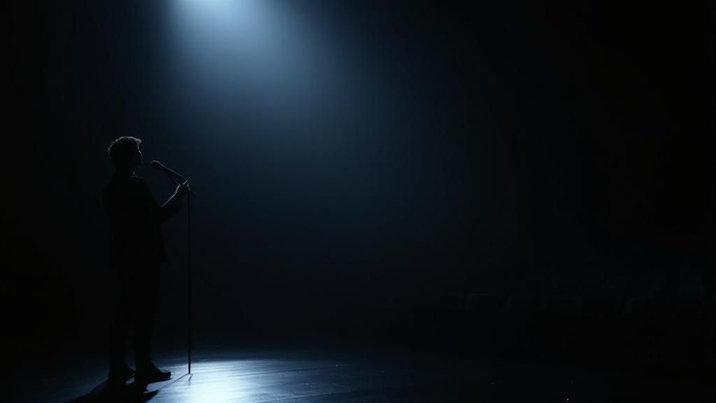 Silhouette of a performer standing at a microphone on a dark stage under a spotlight