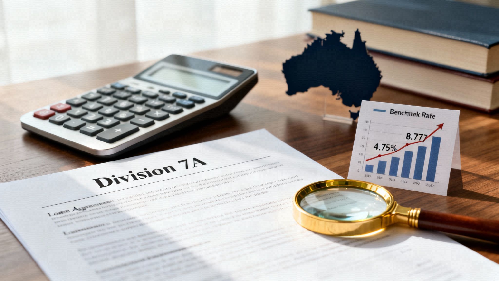 호주 Division 7A 이자율 규정을 설명하는 재무 서류와 계산기, 돋보기를 배치한 비주얼 자료 Caption: 호주 사적 회사가 반드시 준수해야 하는 Division 7A 이자율 규정을 시각적으로 표현한 재무 자료 이미지로, 최신 ATO 가이드 이해를 돕기 위해 구성되었습니다.