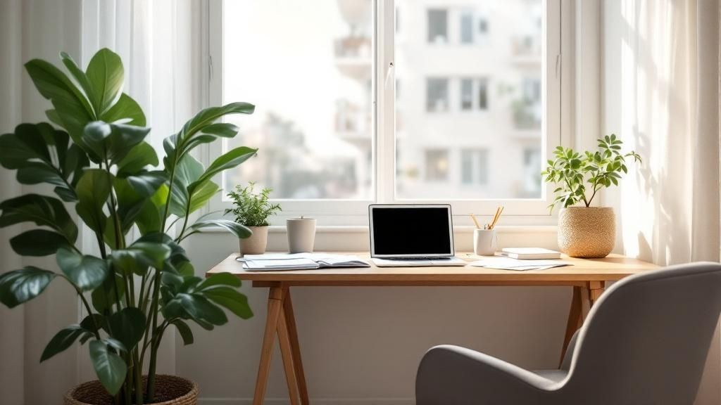 Home office setup with a laptop, coffee mug, plants, and notebooks on a wooden desk by a window
