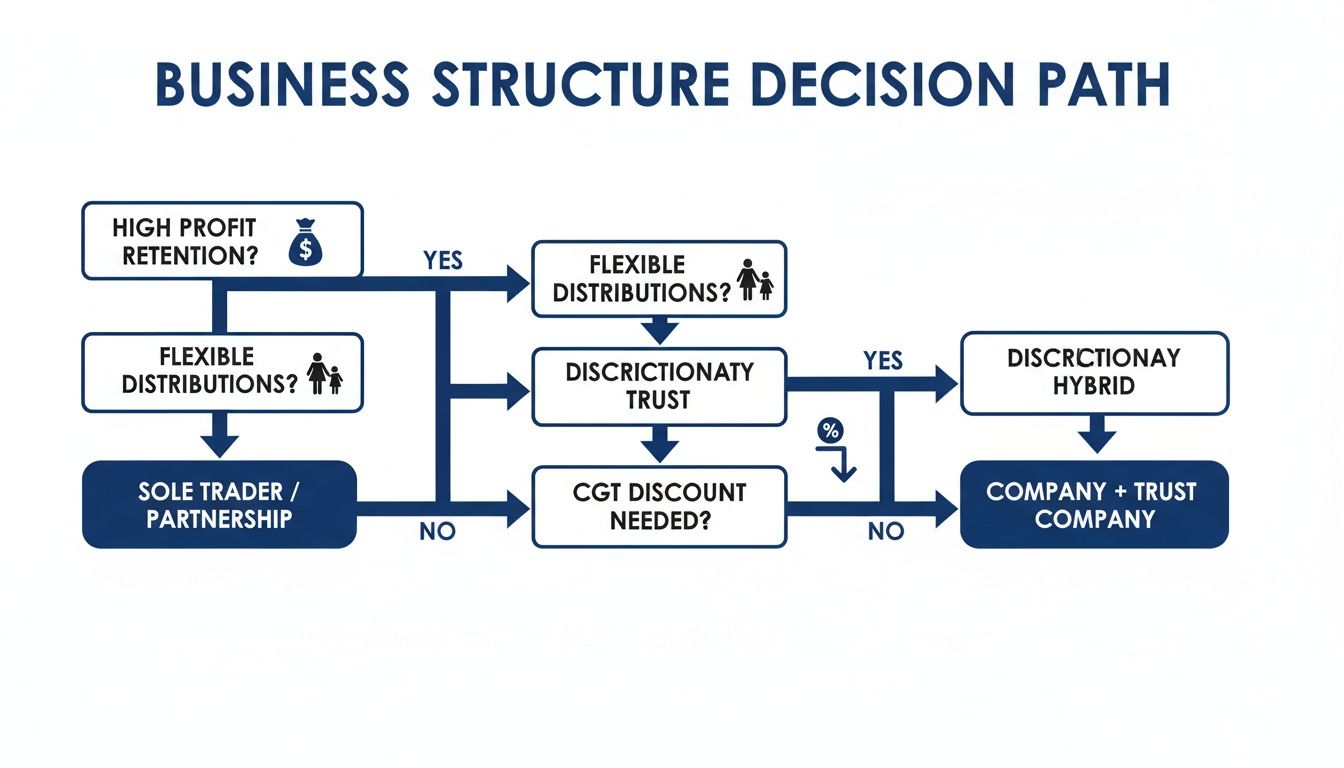 Flowchart detailing business structure decision path considering profit retention, distributions, trusts, and company types.