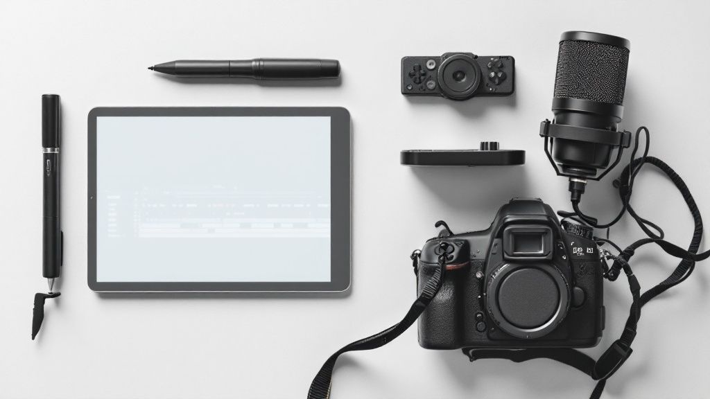 Flat lay of digital content creation tools including camera, microphone, tablet, and accessories on white background