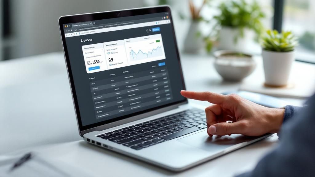 Person pointing at a financial dashboard on a laptop screen showing expense tracking data