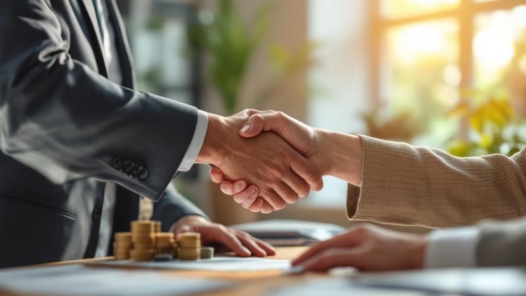 Business professionals shaking hands across a desk with stacked coins and financial documents