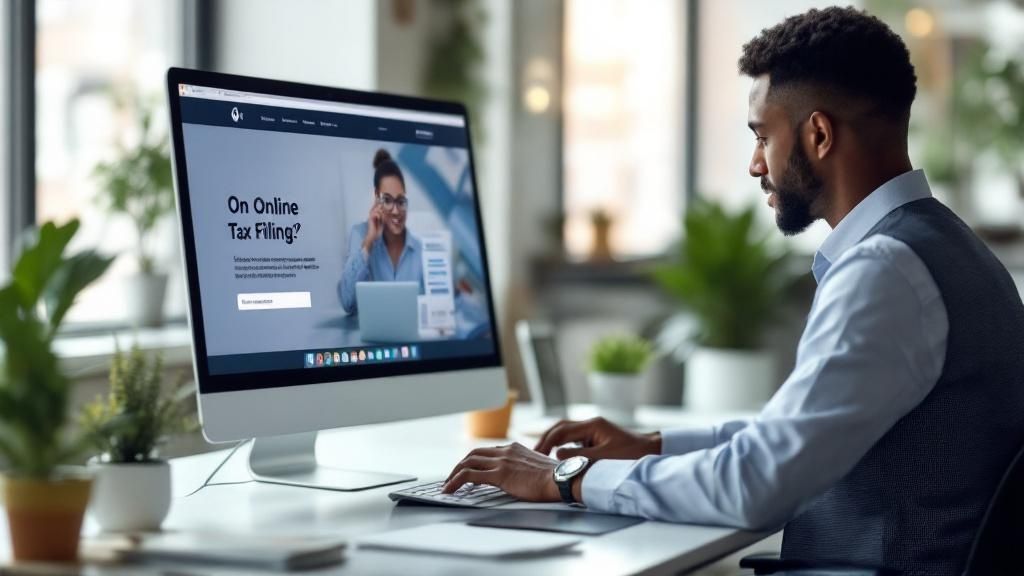 A man working at his desk while viewing an online tax filing website on a large monitor