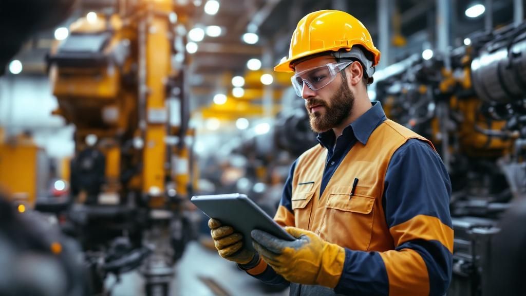 Male factory worker wearing PPE using a tablet in an industrial manufacturing facility