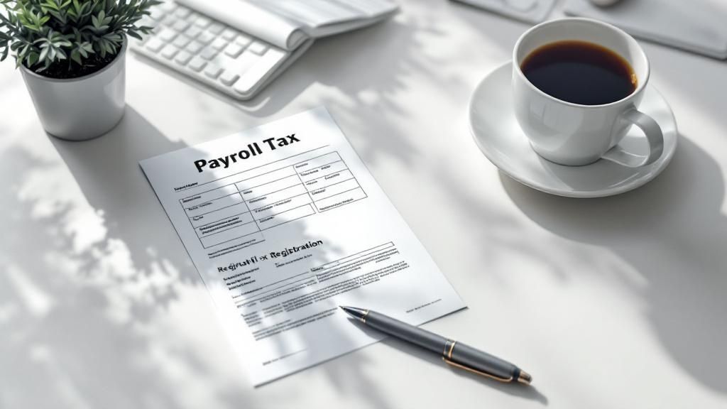 Payroll tax registration form on a desk with a pen, coffee cup, and office supplies