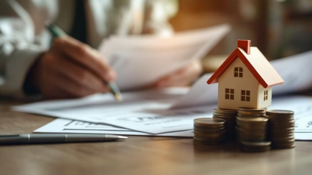 Close-up of a miniature house sitting on stacked coins with a person reviewing financial documents in the background, symbolizing property investment and tax planning.