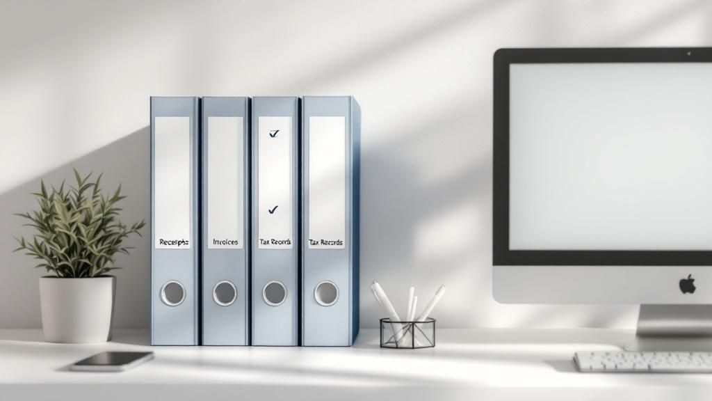 Office desk with binders labeled Receipts, Invoices, and Tax Records next to a computer monitor.