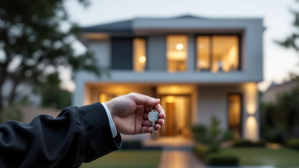 Person holding house keys in front of modern home, representing sale of main residence and CGT exemption in Australia