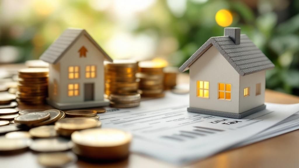 Two miniature house models placed among stacked gold coins and tax documents, symbolizing property investment and financial returns