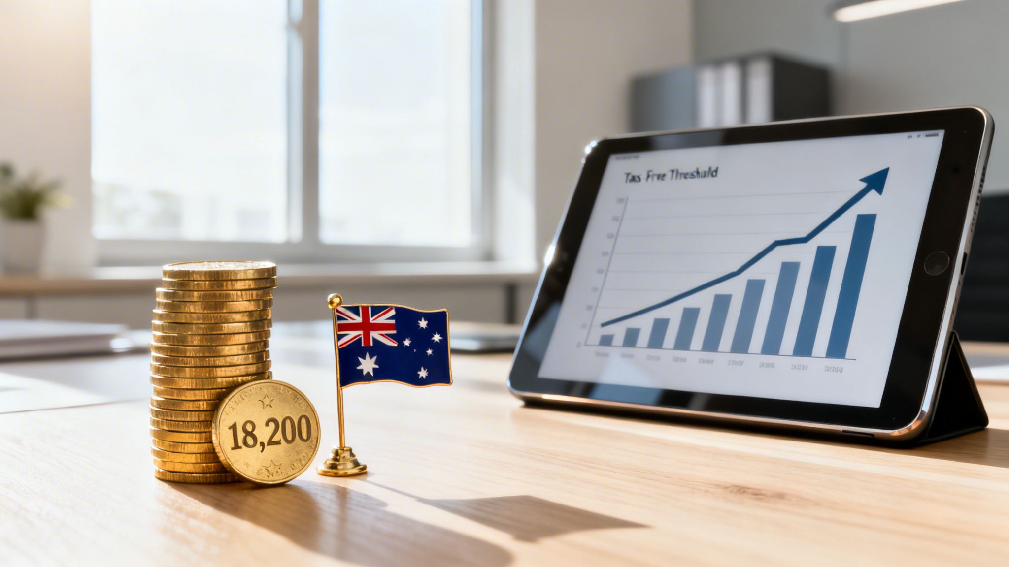 Australian tax-free threshold guide illustration with income growth chart, Australian flag, and coins representing personal income tax savings
