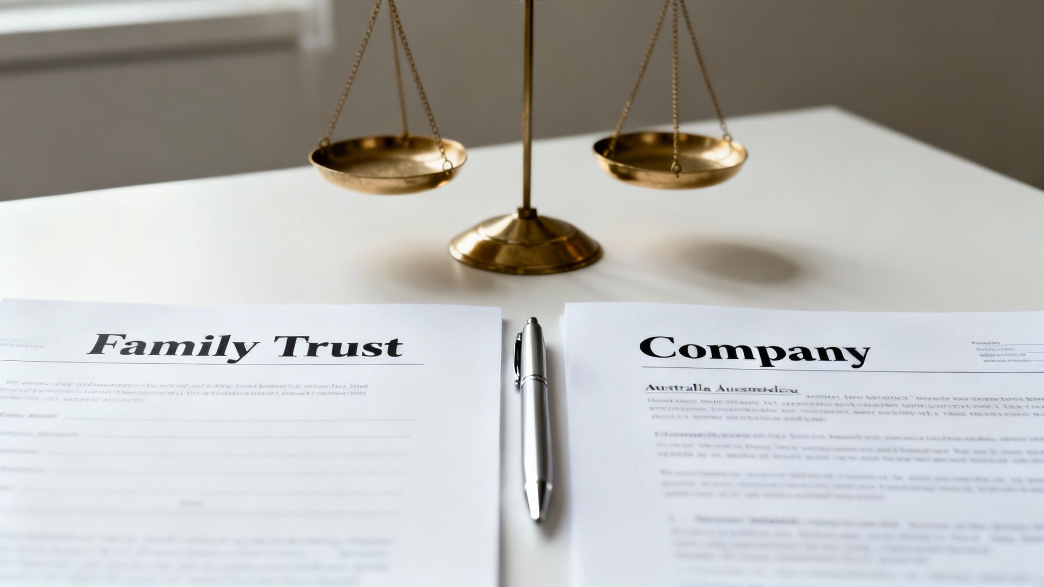 A pen and scales of justice separate documents for family trust and company legal structures.