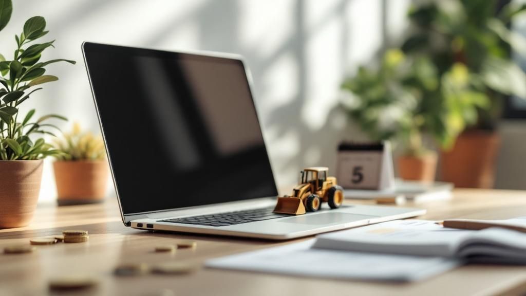 A laptop on a wooden desk with a small toy bulldozer on top, surrounded by documents, coins, a calendar, and potted plants, representing business asset depreciation.