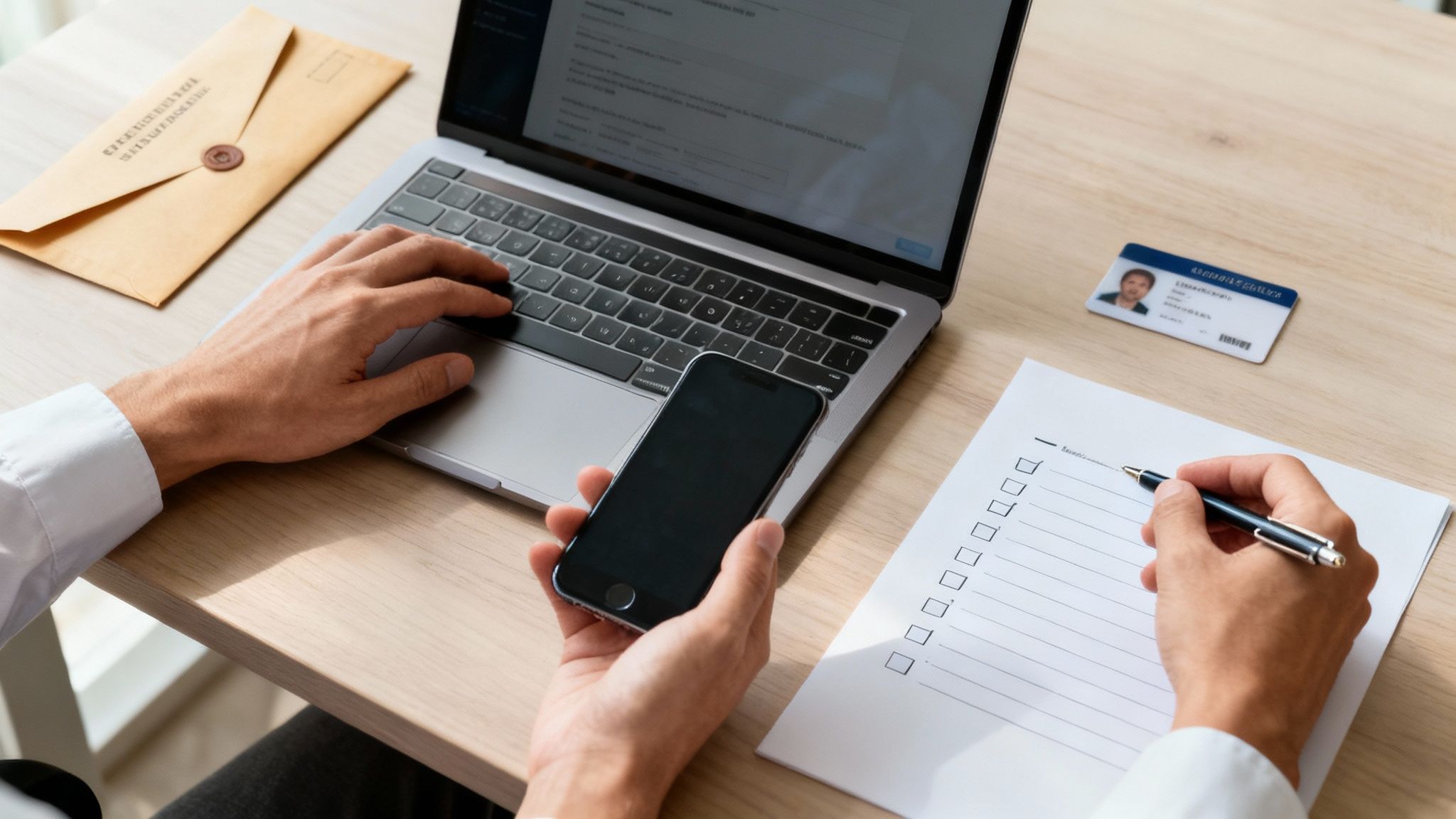 책상에서 노트북으로 작업하며 휴대폰을 들고, 신분증과 체크리스트에 글을 쓰는 사람의 모습