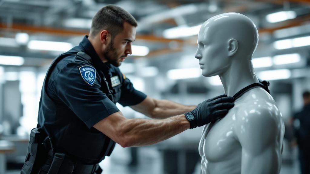 Security officer training with a mannequin in a facility.