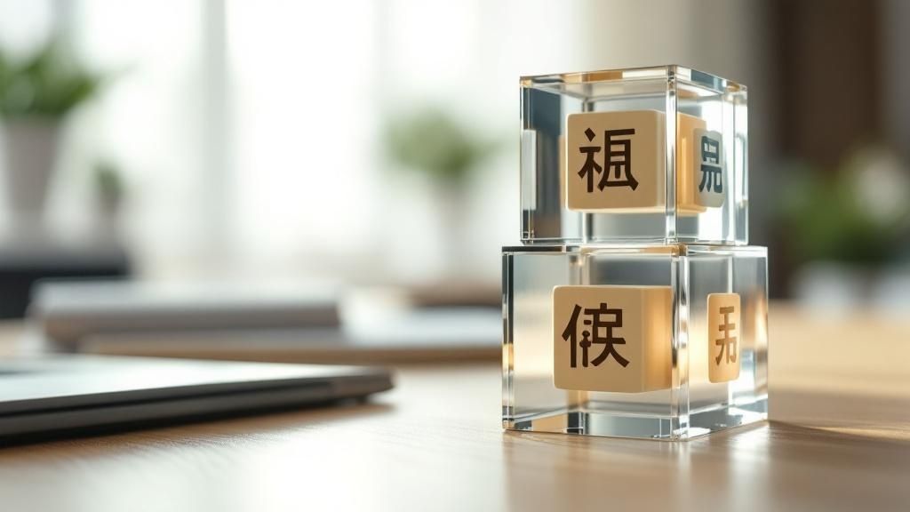 Glass cubes with Chinese characters stacked on a wooden desk, with a laptop and blurred indoor background.