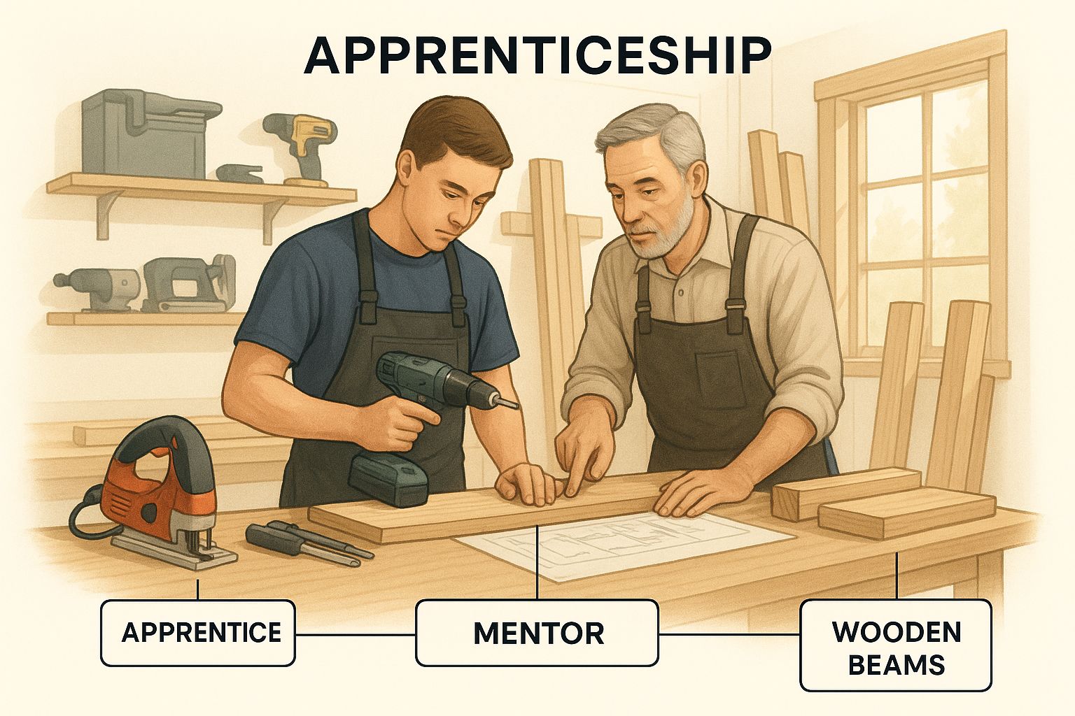 An illustrated apprentice learning woodworking from a mentor in a carpentry workshop