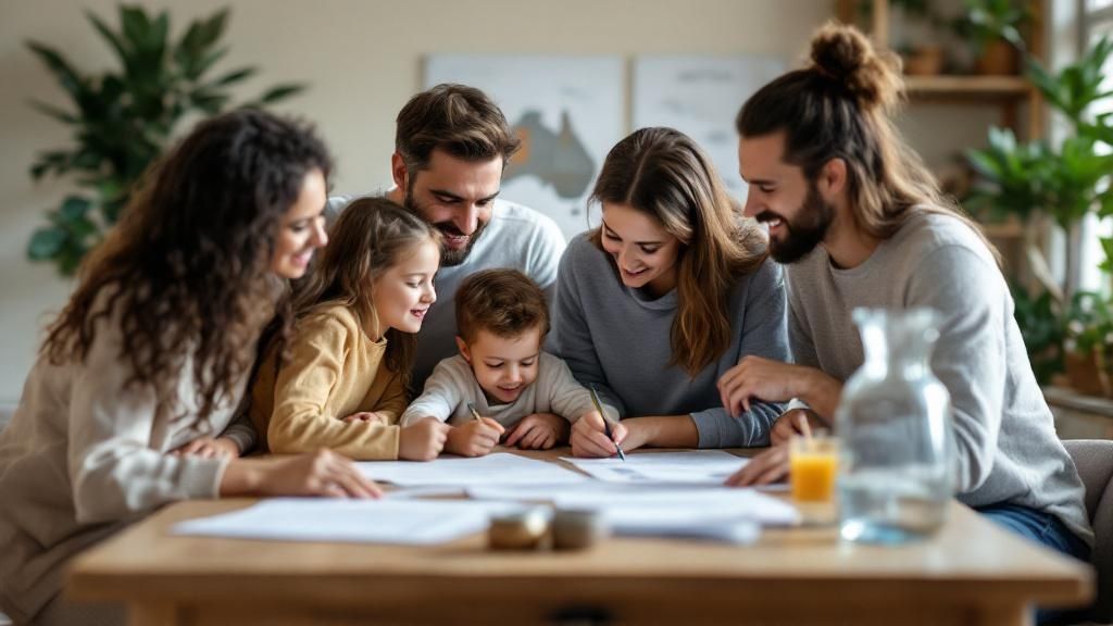 A happy family reviewing inheritance documents together at a table.
