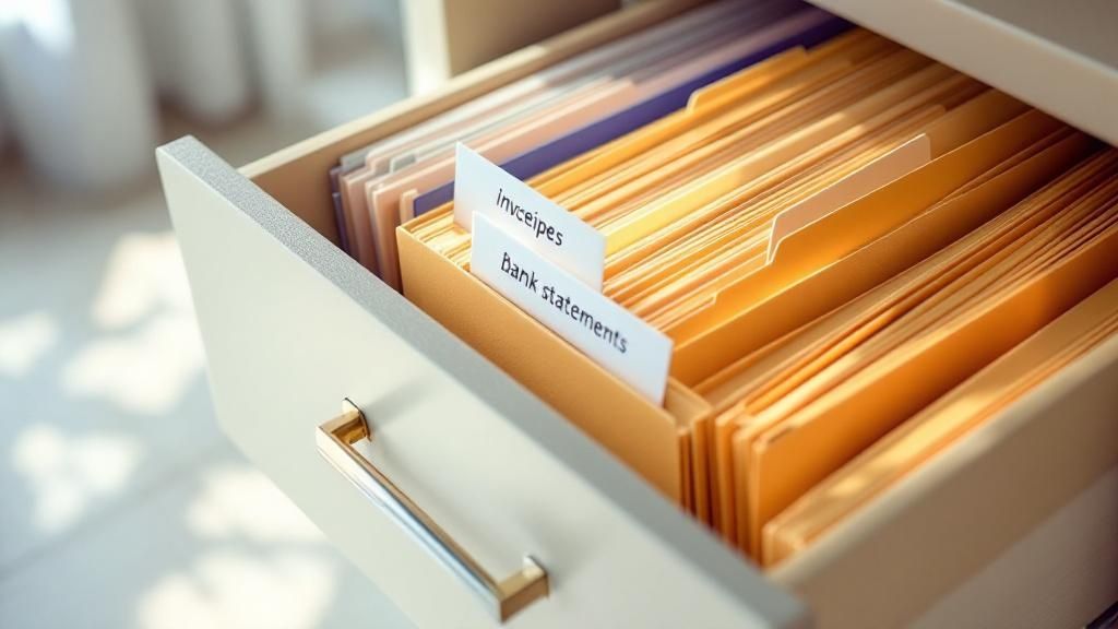 Open filing cabinet drawer with neatly organised folders labelled 'Invoices' and 'Bank statements'