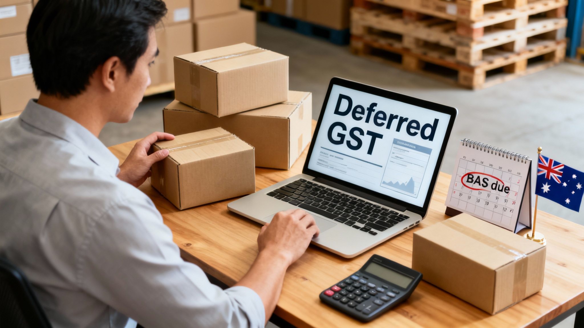 Man processing Deferred GST on laptop with shipping boxes, a calendar, and Australian flag.