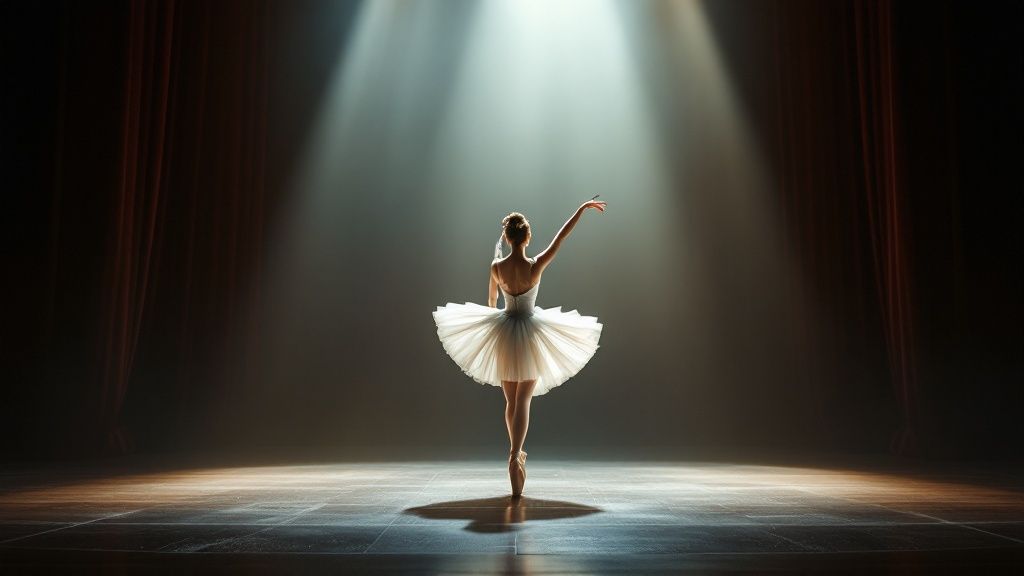 A ballerina performing on stage under dramatic spotlight