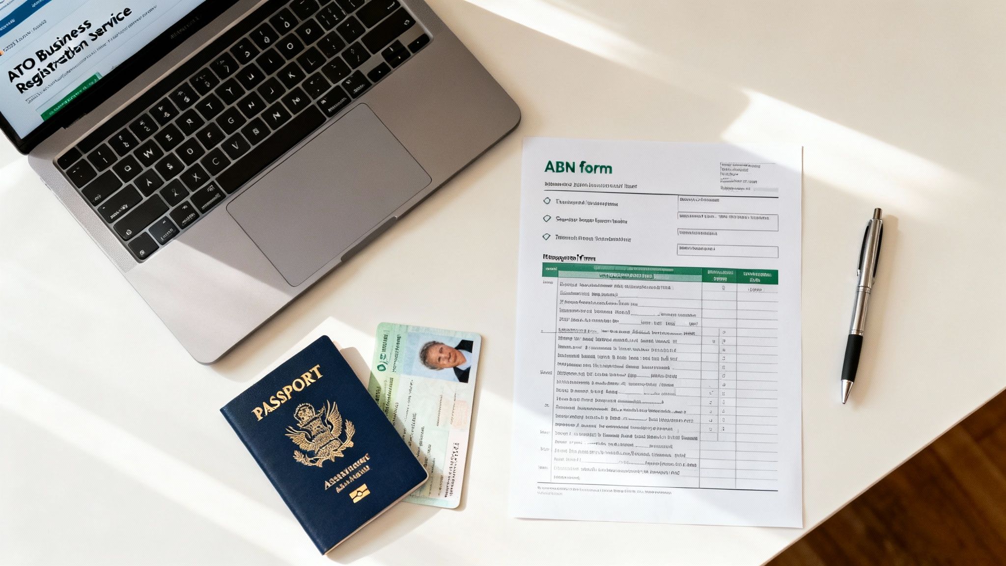 Overhead view of a laptop, passport, ID, ABN form, and pen on a white desk.