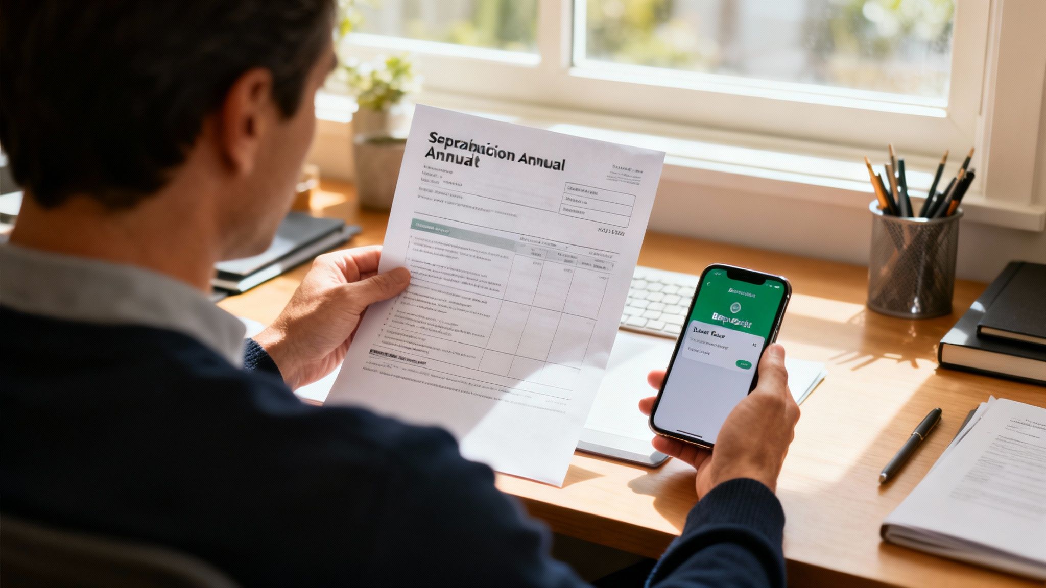 남성이 책상에 앉아 연금 서류와 스마트폰 앱을 확인하고 있다.