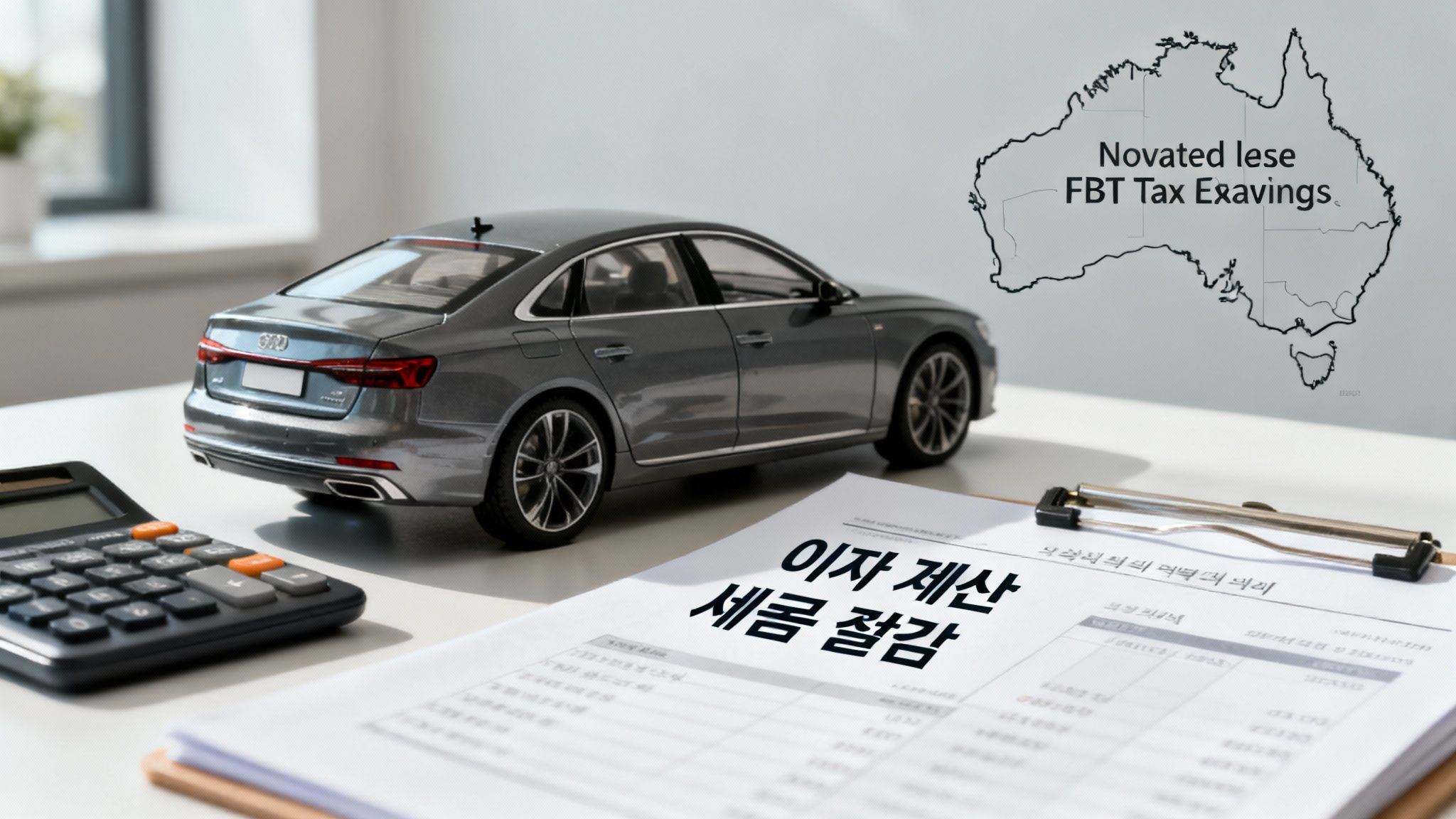 호주 노베이티드 리스(Novated Lease) 차량과 부가 혜택세(FBT) 구조를 설명하며 2024-25년 절세 전략을 안내하는 이미지.