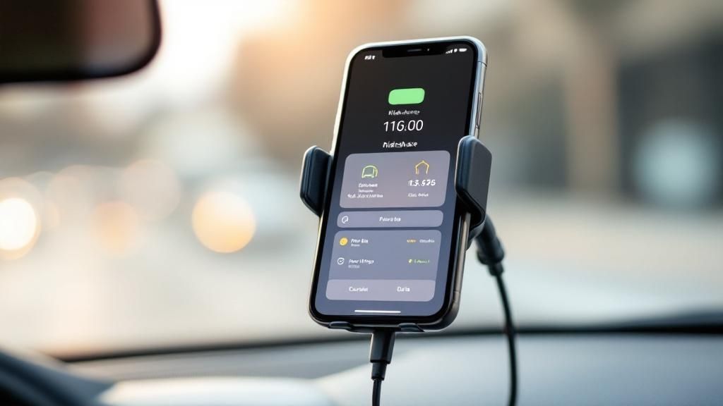 A smartphone mounted on a car dashboard displaying ride-share earnings and trip data.