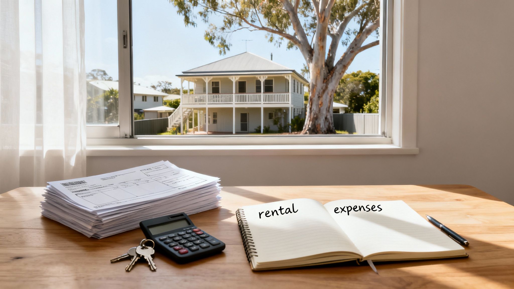 Notebook with 'rental expenses,' calculator, keys, and documents on a table, with a house visible through a window.