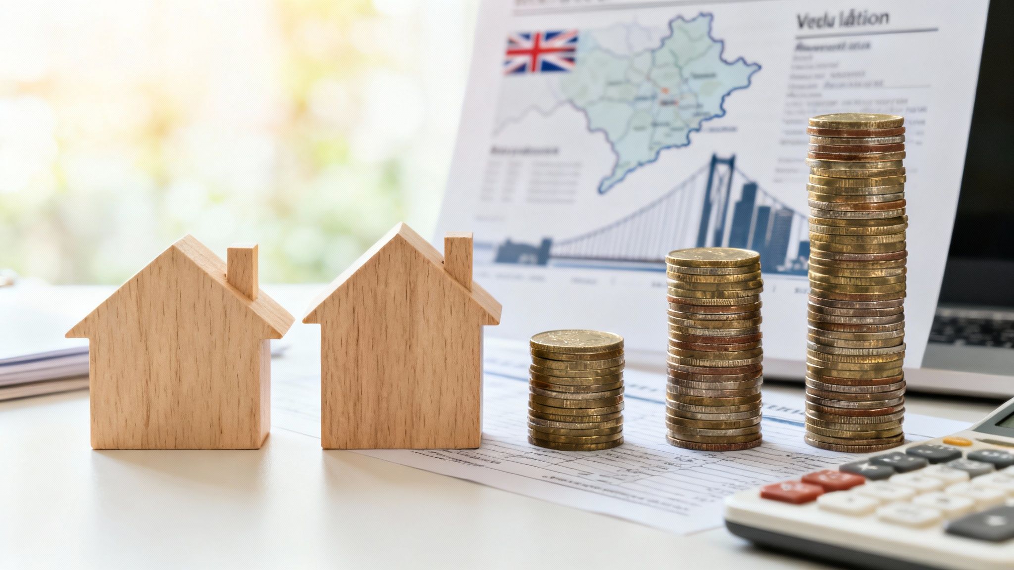집 모형, 쌓인 동전, 계산기가 있는 부동산 가치 평가 및 투자 관련 재무 이미지.