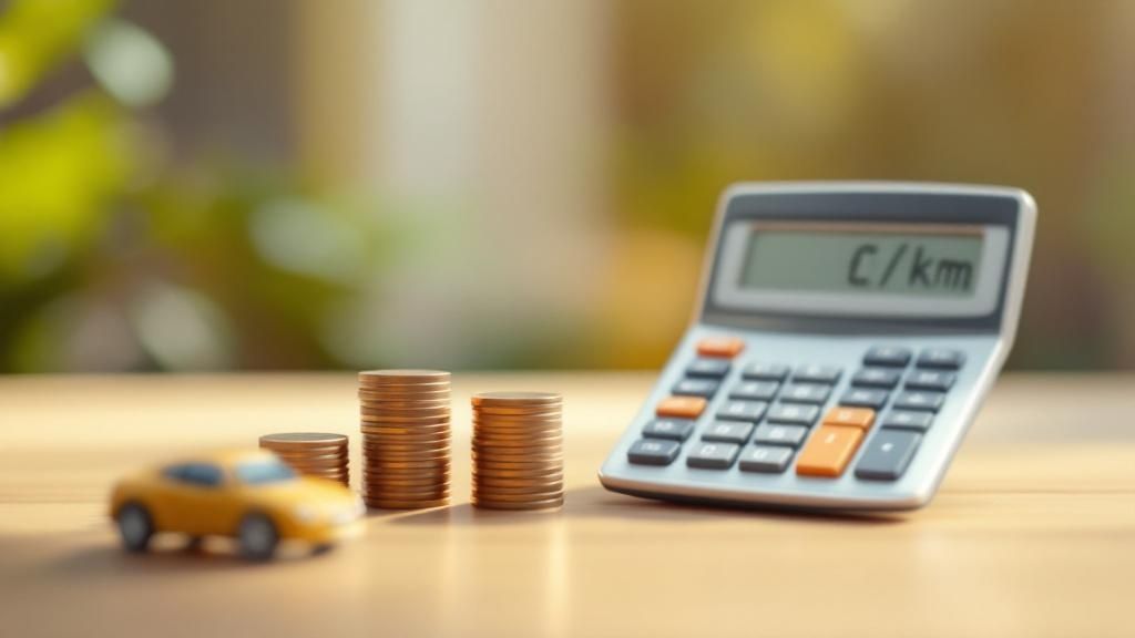 Calculator displaying "C/km" next to stacks of coins and a toy car on a wooden table