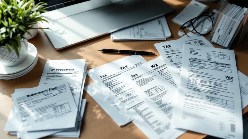 Assorted tax documents and forms spread on a desk near a laptop