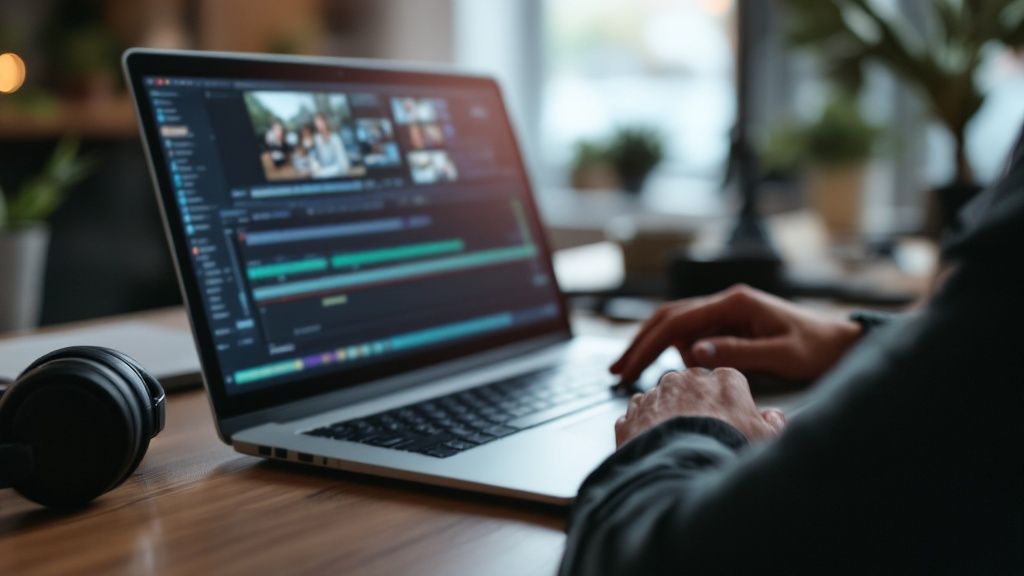 Close-up of hands editing video content on a laptop in a creative workspace