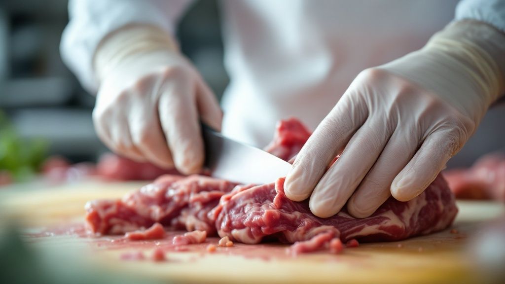 Close-up of gloved hands cutting raw meat with a sharp knife
