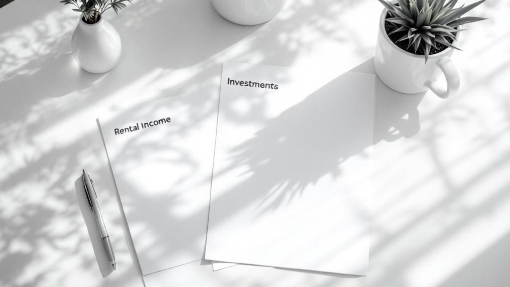 Documents labeled Rental Income and Investments on a desk with shadows and potted plants.